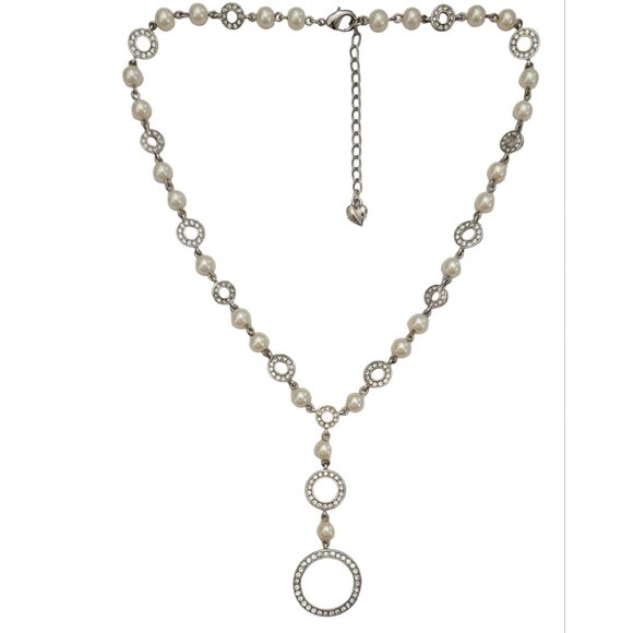 Carolee Silver Tone Clear Rhinestone Stations Faux Pearl Chain Necklace, K557 - Picture 1 of 7